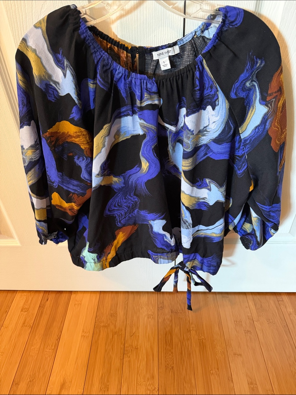 Nine West Black Peasant Blouse with Blue and Gold Abstract Swirls